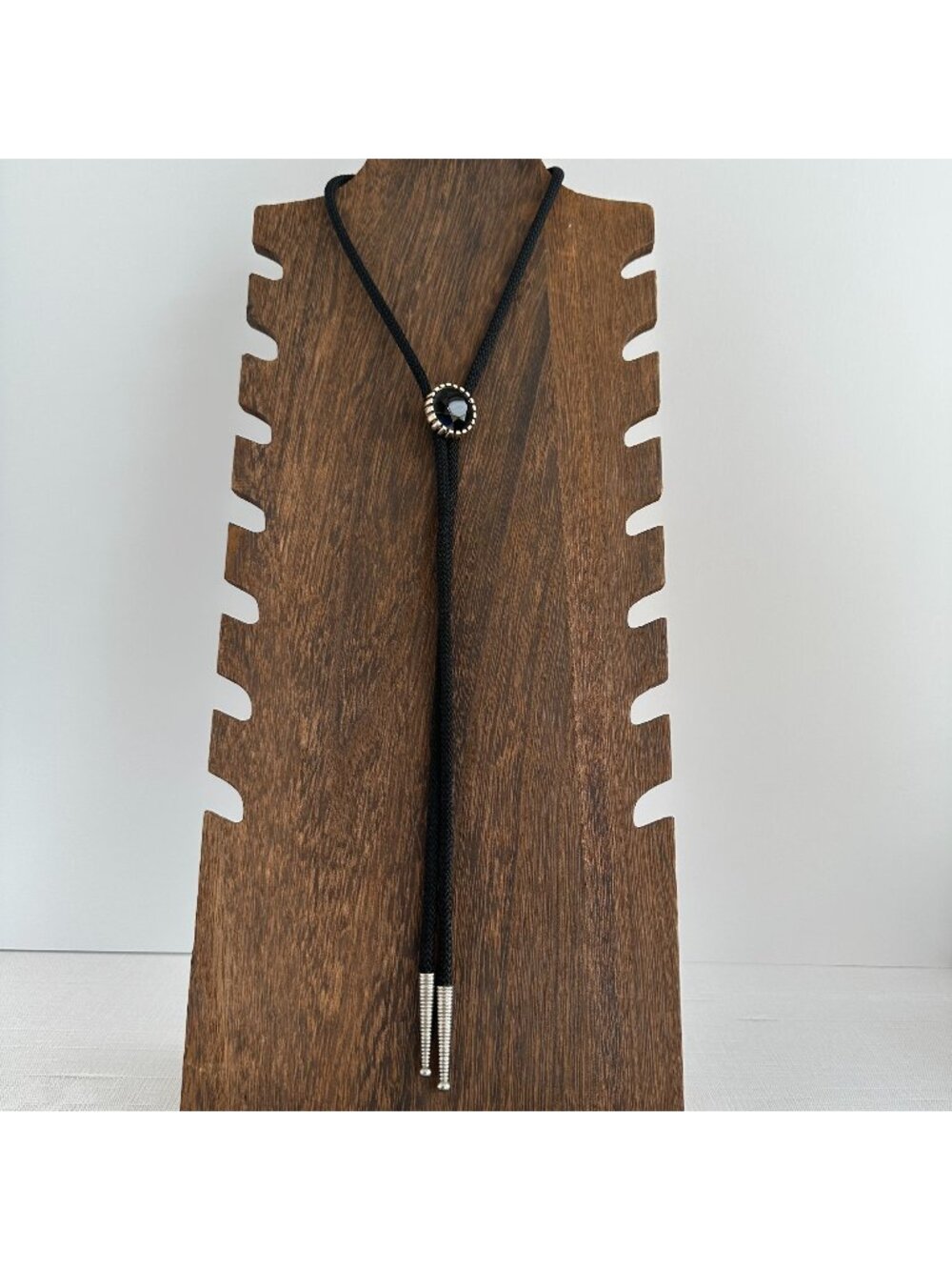 Hickok USA Black Glass Bolo Tie Black Cord Silver Tone Tips 1960s